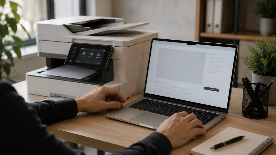 Einrichtung eines Arbeitsplatzes mit Laptop und Drucker