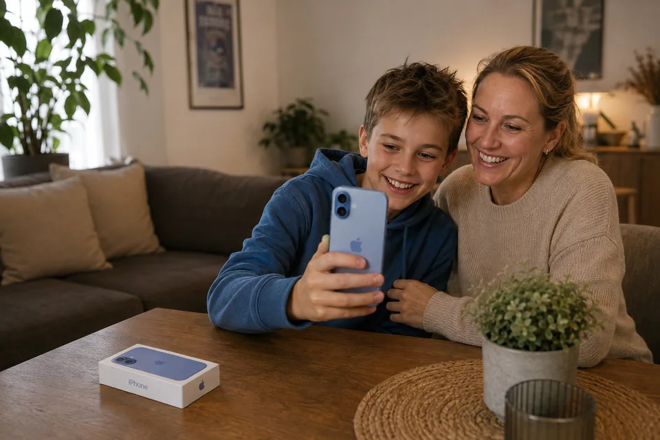 Mutter und Kind richten gemeinsam ein neues iPhone ein